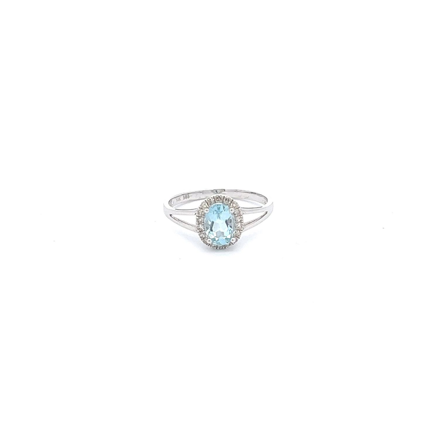 14KW 0.70ct Aqua &amp; 0.14ctw Dia Oval Halo Ring Size 6.5