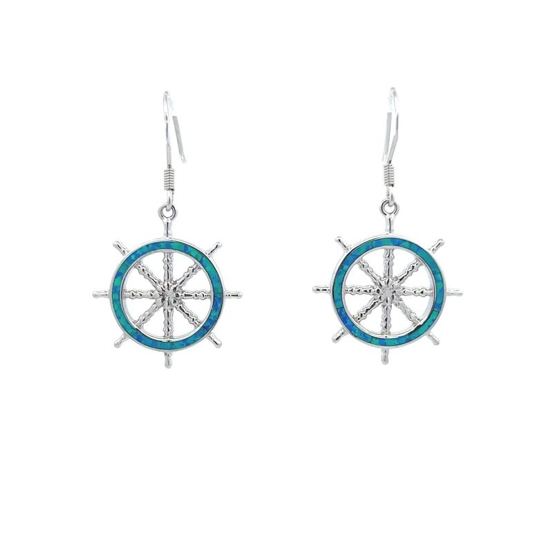 SS Created Opal Ships Wheel Dangle Earrings