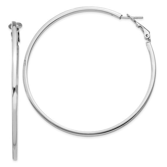 STER RH-plated 2x60mm Omega Back Round Hoop Earrings