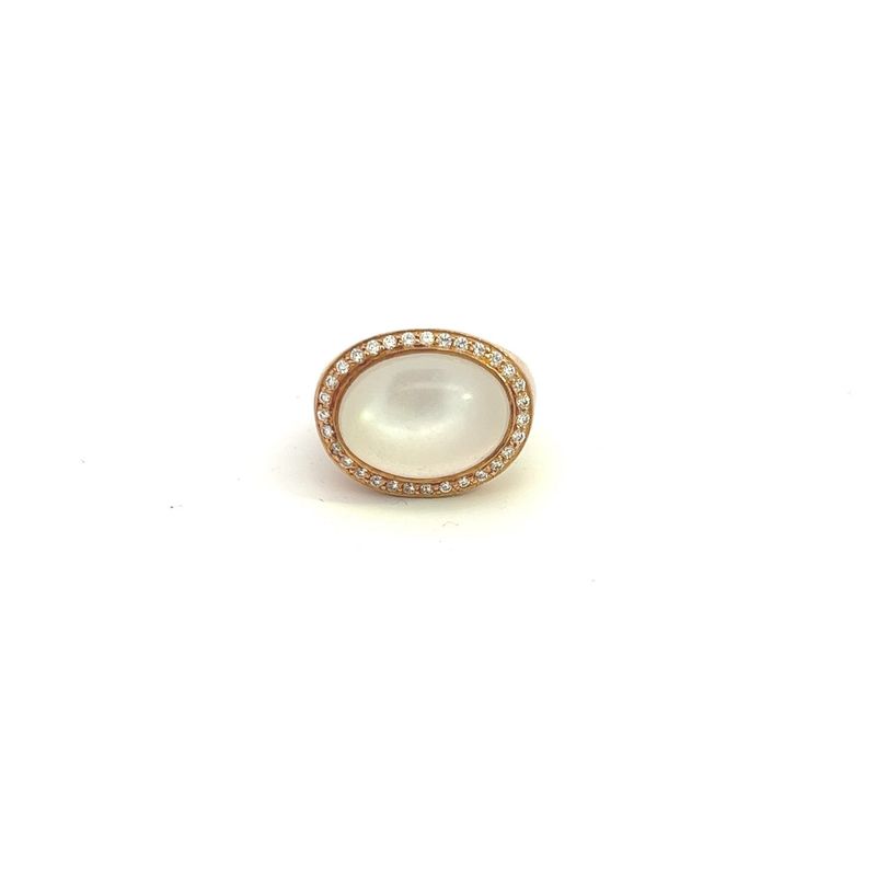 CON 14KY MOONSTONE RING WITH DIAMOND HALO 0.30 CTW DIA, SZ5