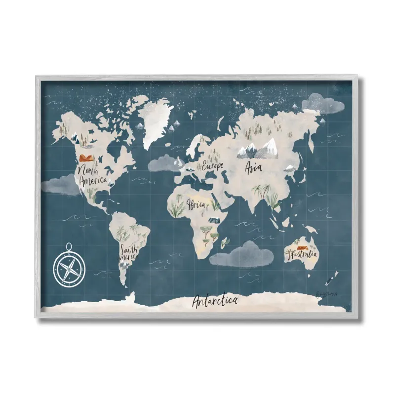 Vintage Blue World Map - Gray Framed