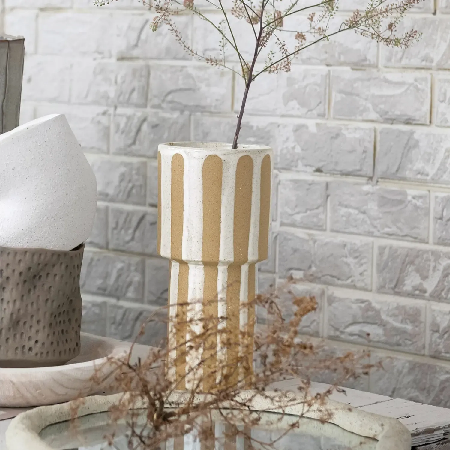 Stoneware Vase w/ Wax Relief Stripes