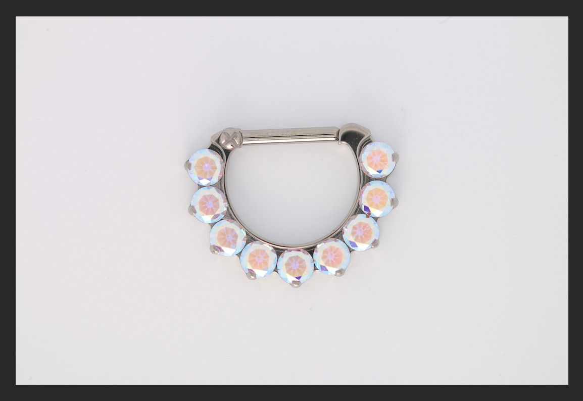 16g 5/16 x 5/16 Odyssey Titanium prong set faceted 9 gem septum clicker Aurora Borealis cz