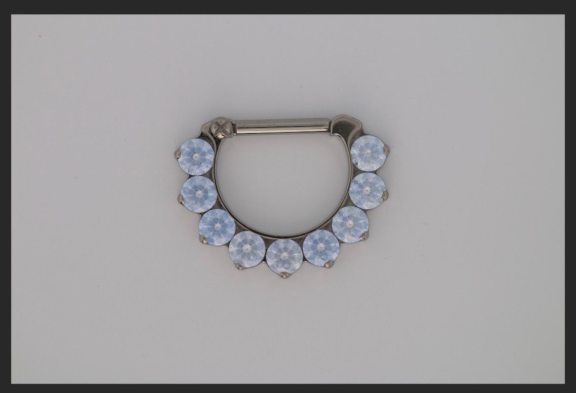 16g 5/16 x 5/16 Odyssey Titanium prong set faceted 9 gem septum clicker Greyish Blue cz