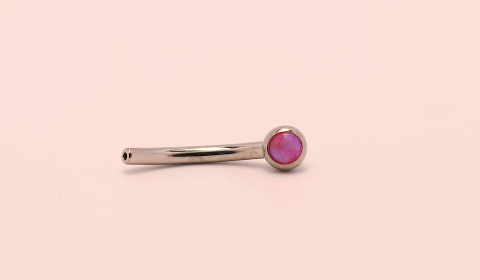 16g 3/8 side gem curved barbell shaft pink opal cabochon