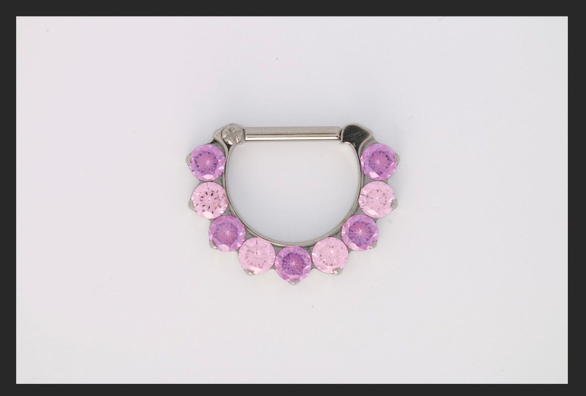 16g 5/16 x 5/16 Odyssey Titanium prong set faceted 9 gem septum clicker MIXED Fancy Purple/Pink cz