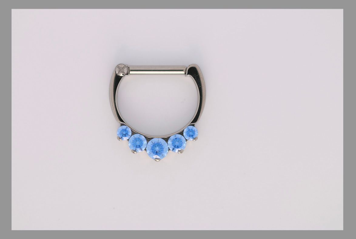 16g 5/16 x 5/16 Odyssey Titanium prong set faceted septum clicker #6 Arctic Blue cz