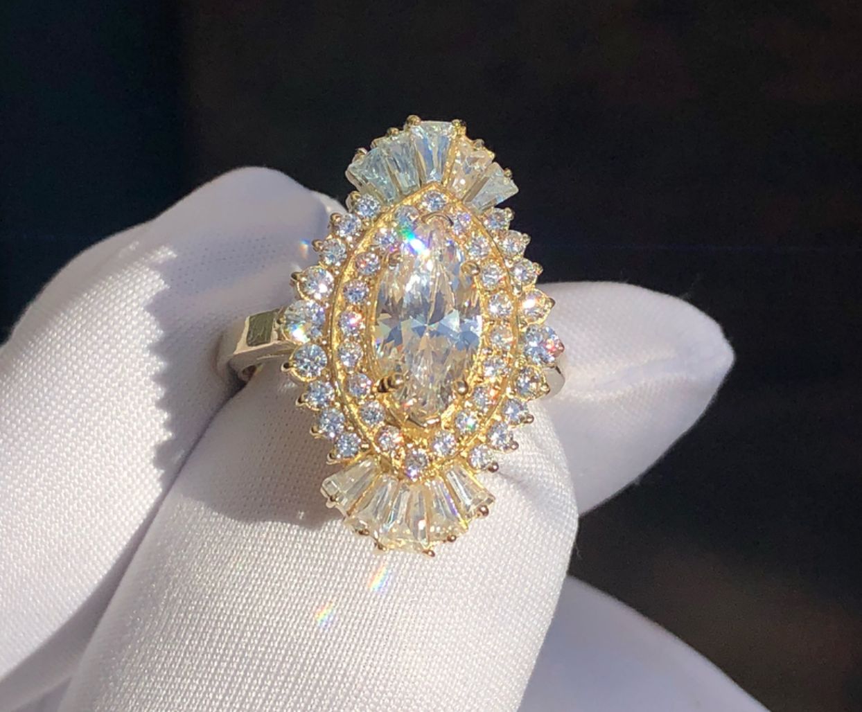 14k yellow gold Art Deco ring with GIA 1.2ct Marquise color F, VS2