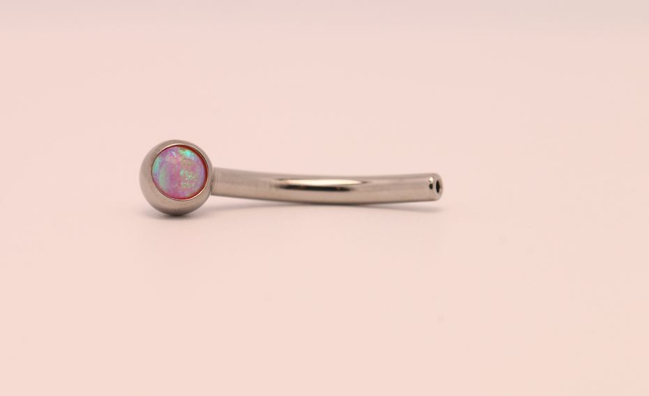 16g 3/8 side gem curved barbell shaft bubble gum opal cabochon