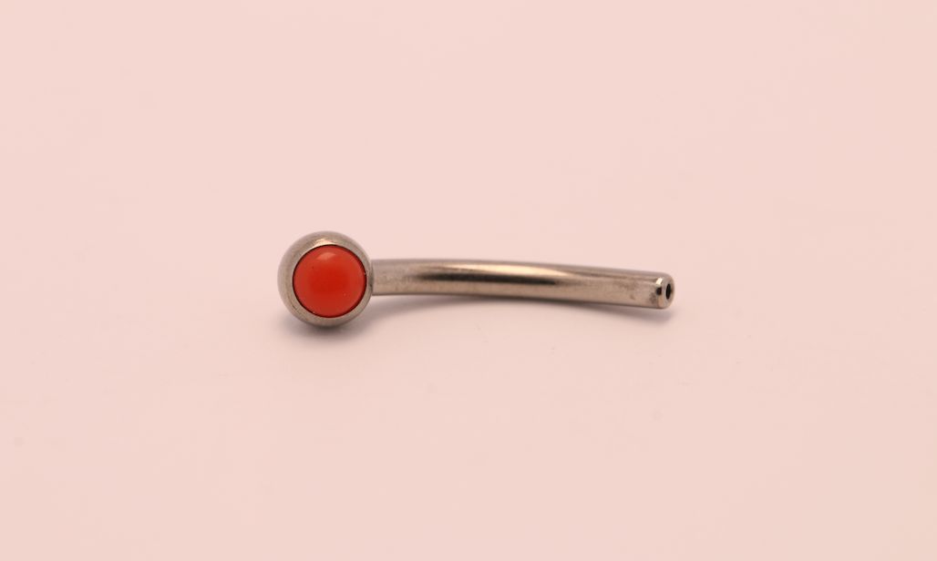 16g 3/8 side gem curved barbell shaft salmon coral cabochon