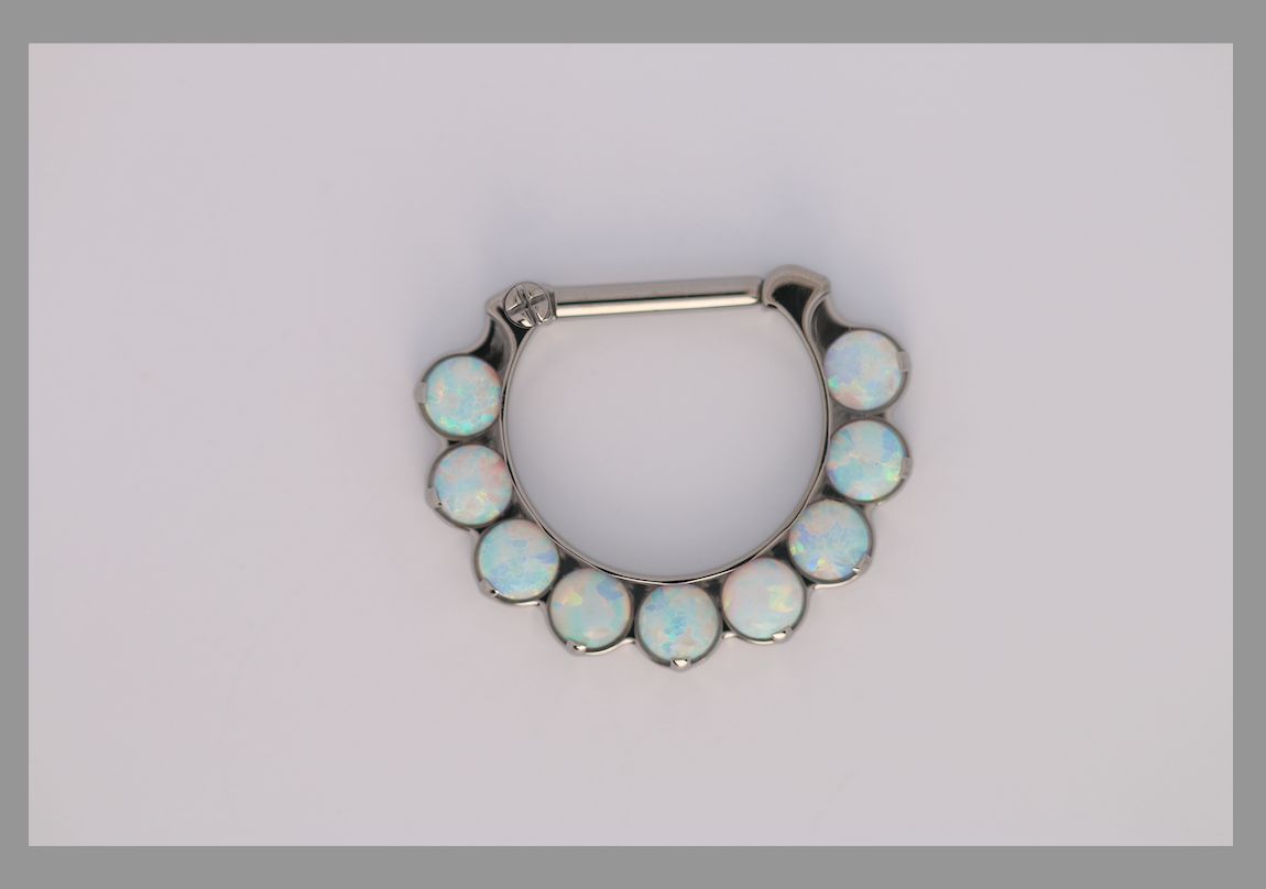 16g 5/16 x 3/8 Odyssey Titanium prong set Cabochon 9 gem septum clicker White Opal