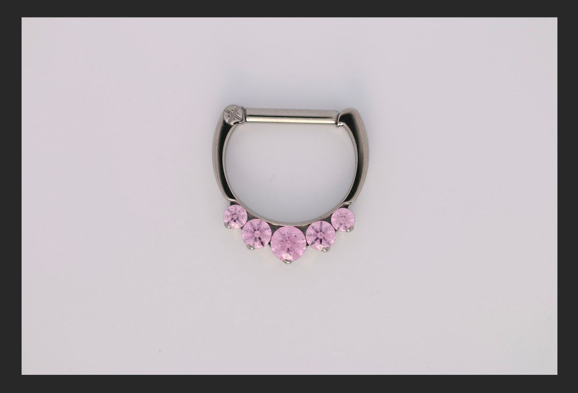 16g 5/16 x 5/16 Odyssey Titanium prong set faceted septum clicker #6 Pink cz