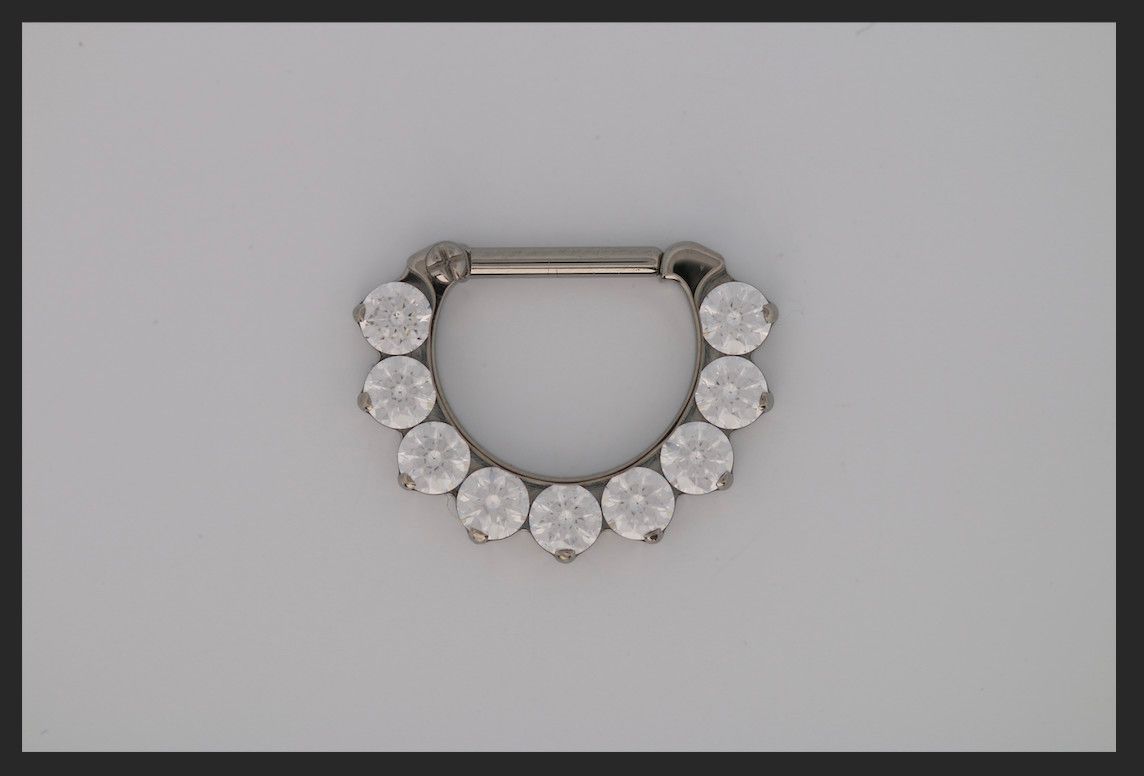 16g 5/16 x 5/16 Odyssey Titanium prong set faceted 9 gem septum clicker CZ
