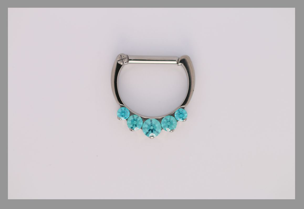 16g 5/16 x 5/16 Odyssey Titanium prong set faceted septum clicker #6 Mint Green cz