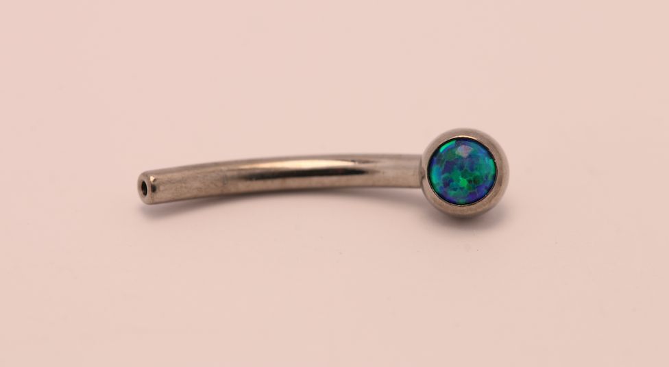 16g 3/8 side gem curved barbell shaft peacock opal cabochon