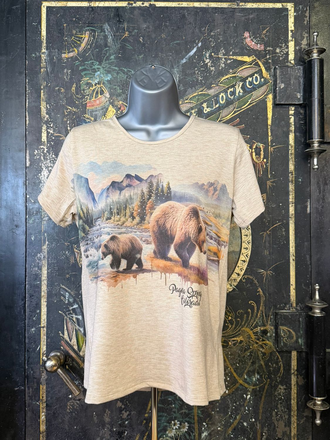 Rhinestone Bears Scoop Neck Tee Oatmeal, Size: SMALL
