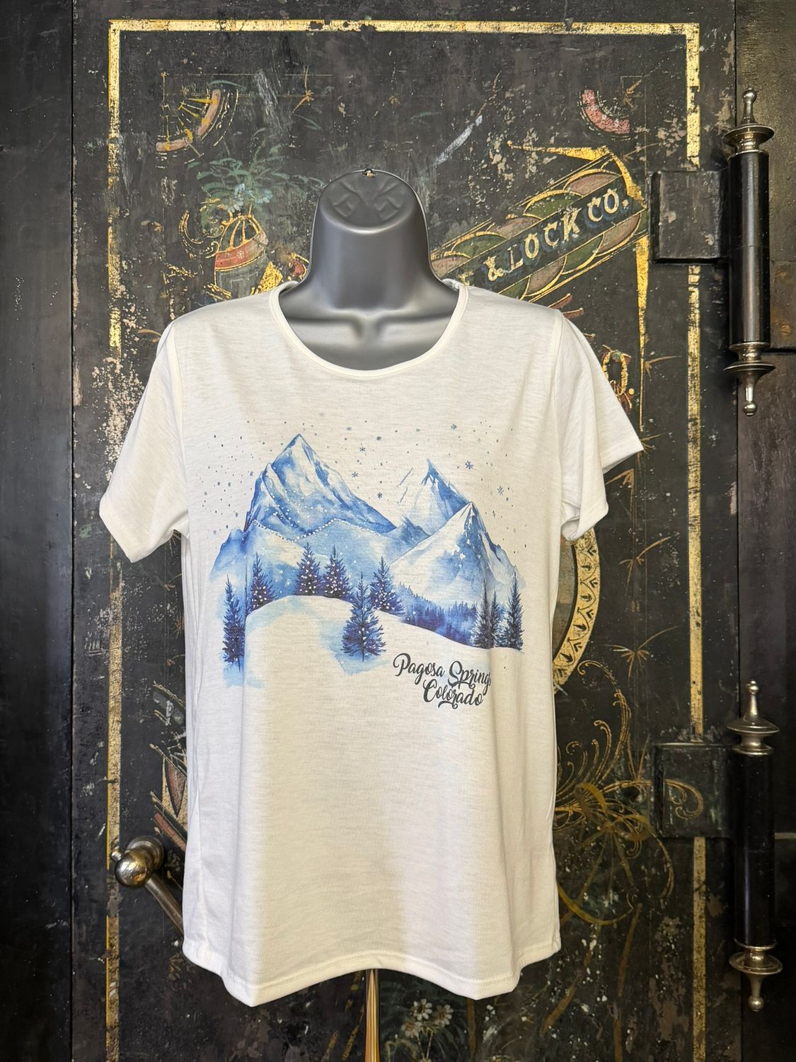 Rhinestone Snowy Mountain V Neck Tee White, Size: SMALL