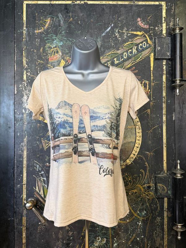 Rhinestone Skis V Neck Tee Oatmeal