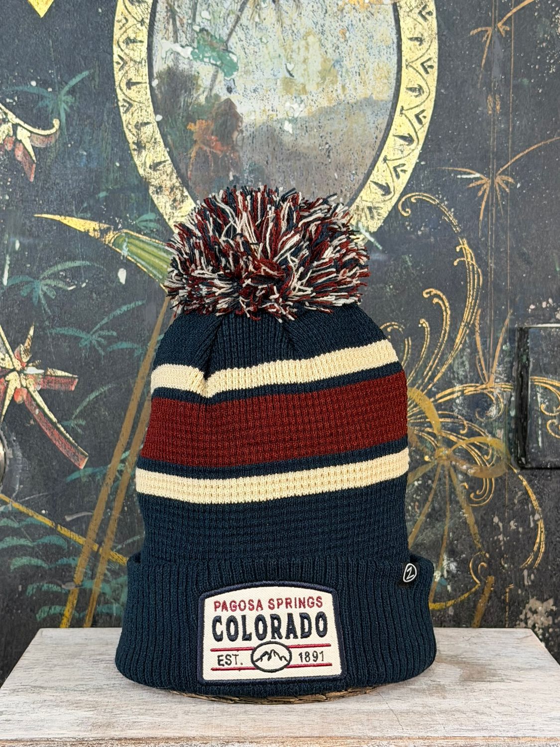 Kicked Out Mtn Striped W/Pom Beanie, Color: Dnvy/Burg/Stone