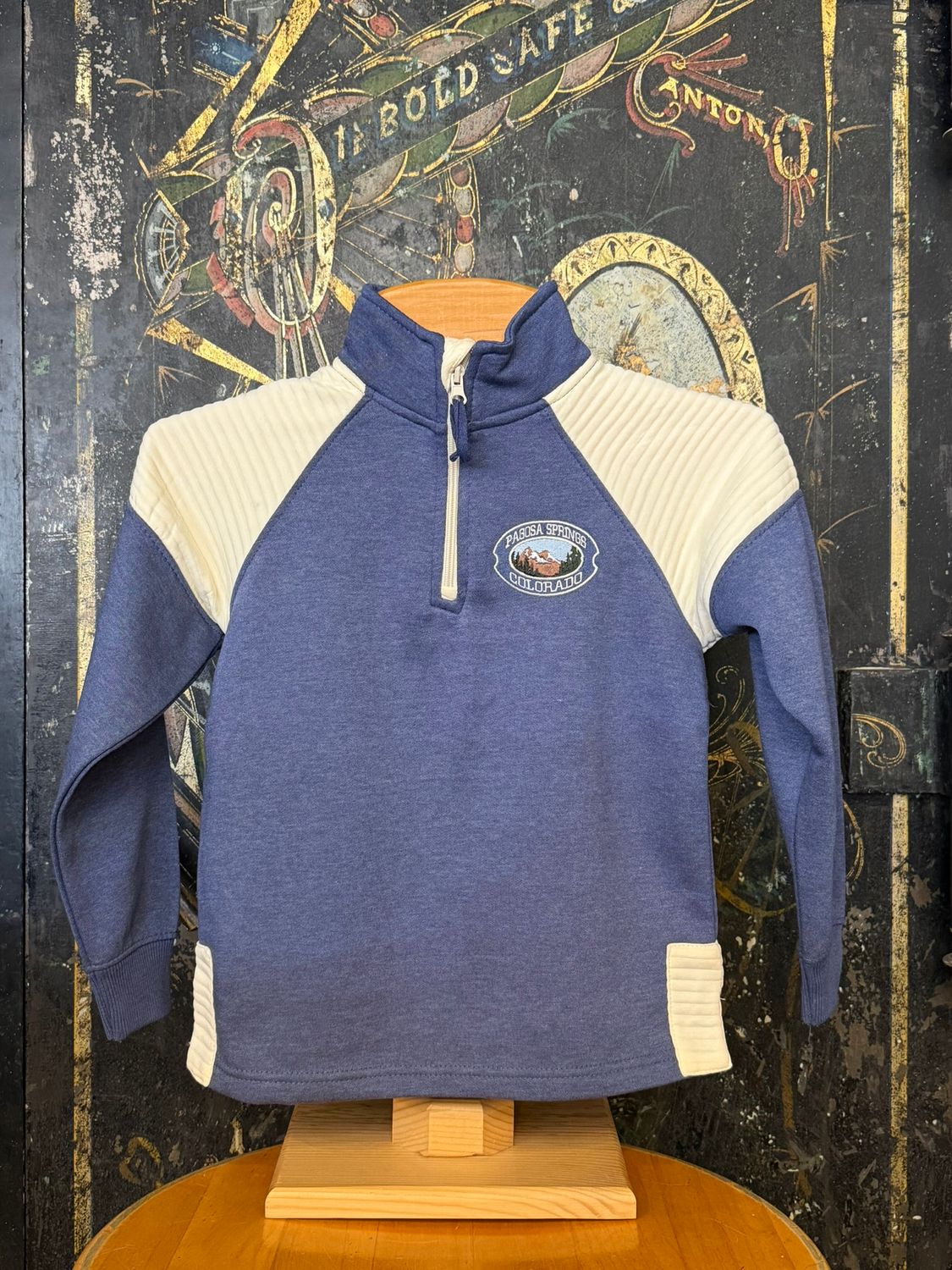 Kids 1/4 Zip Shoulder Block Pullover Denim/Cream, Size: XSMALL