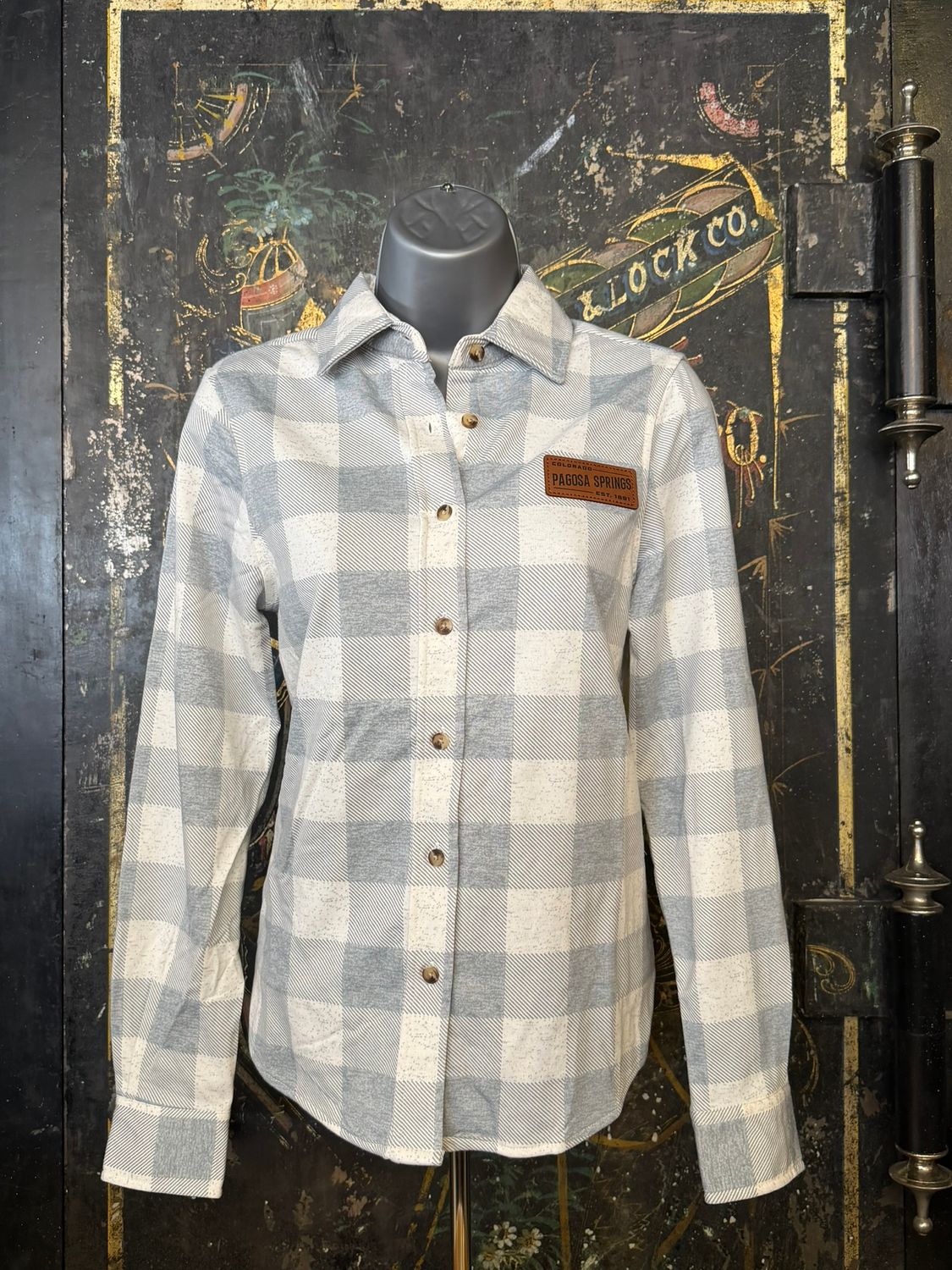 Nora Button Up Patch Light Grey Plaid, Size: XSMALL