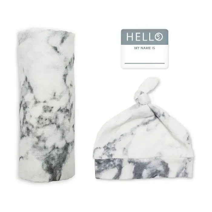Hello World Hat &amp; Swaddle Set - Marble