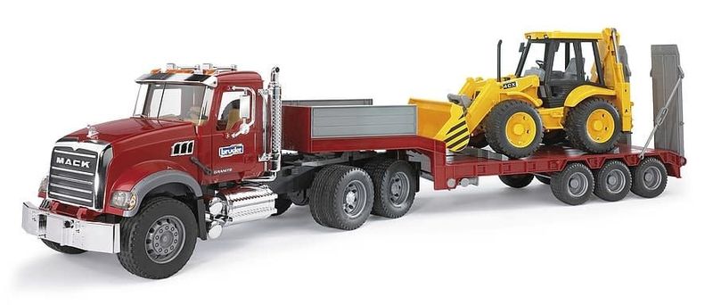 Bruder MACK Granite Flatbed Truck with JCB Loader Backhoe