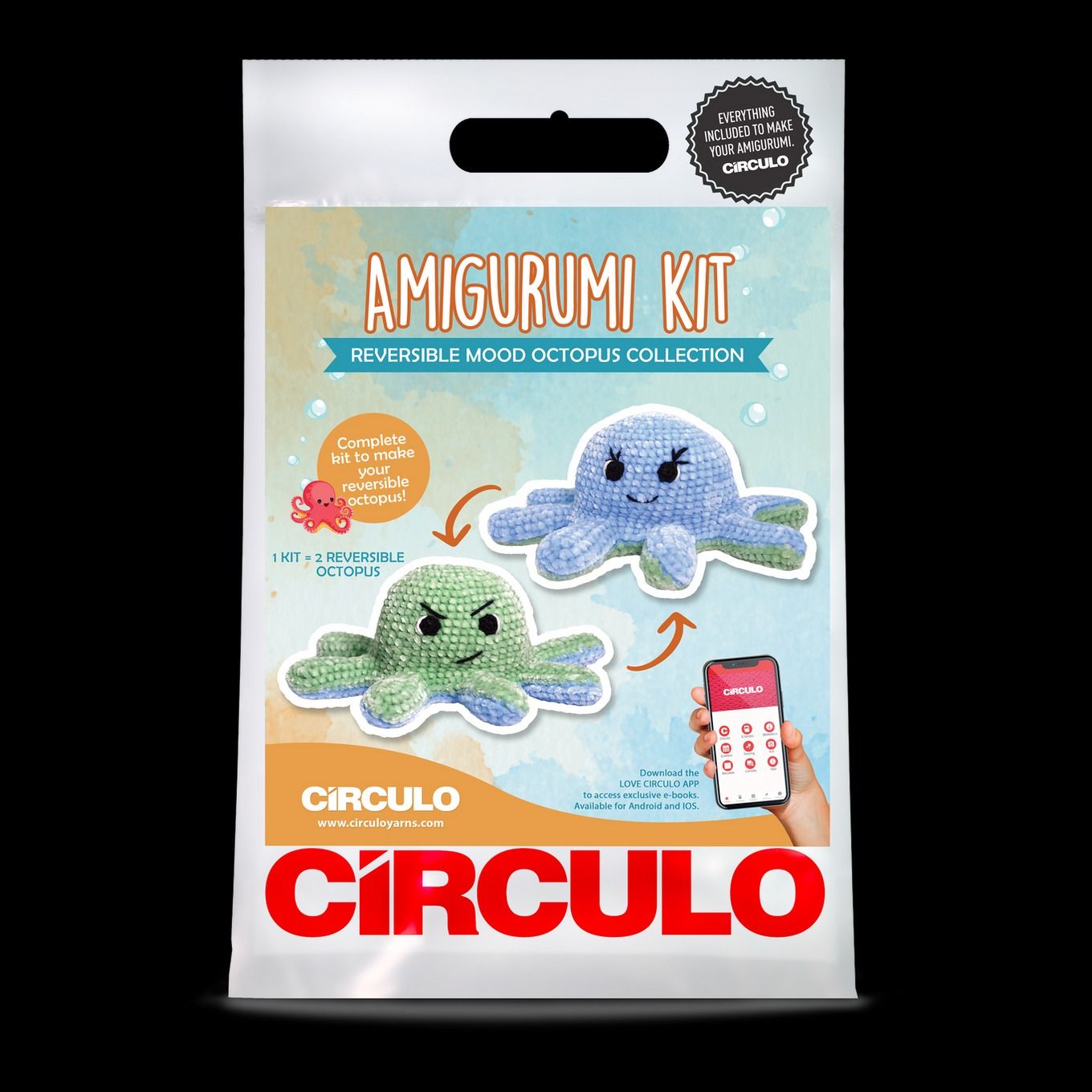Circulo - Amigurumi Kit Reversible Mood Octopus Kit, Color: Blue/Green