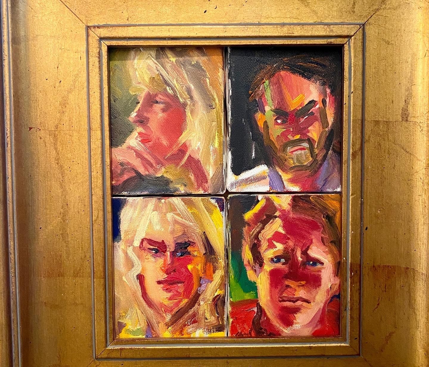 Original Signed Painting, Gold Frame, Family