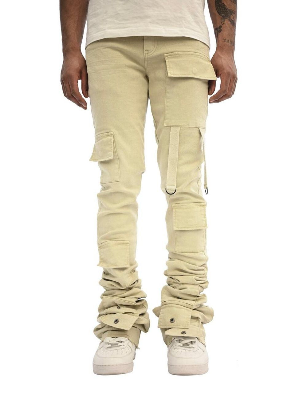 Gunner-Khaki Super Stacked Cargo Pants with Straps, Size: 28