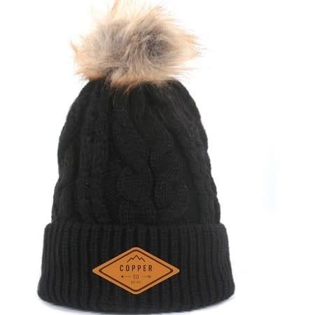 Slife Cable Knit Faux Fur Pom Beanie Black