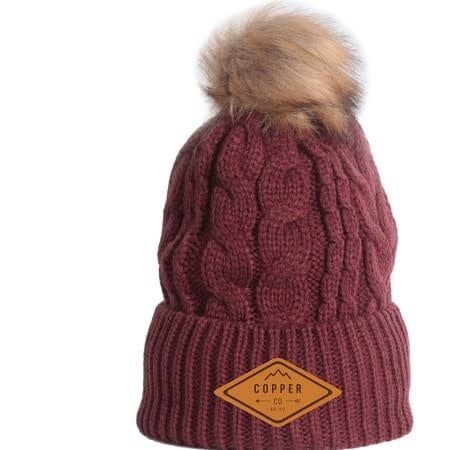 Slife Cable Knit Faux Fur Pom Beanie Maroon