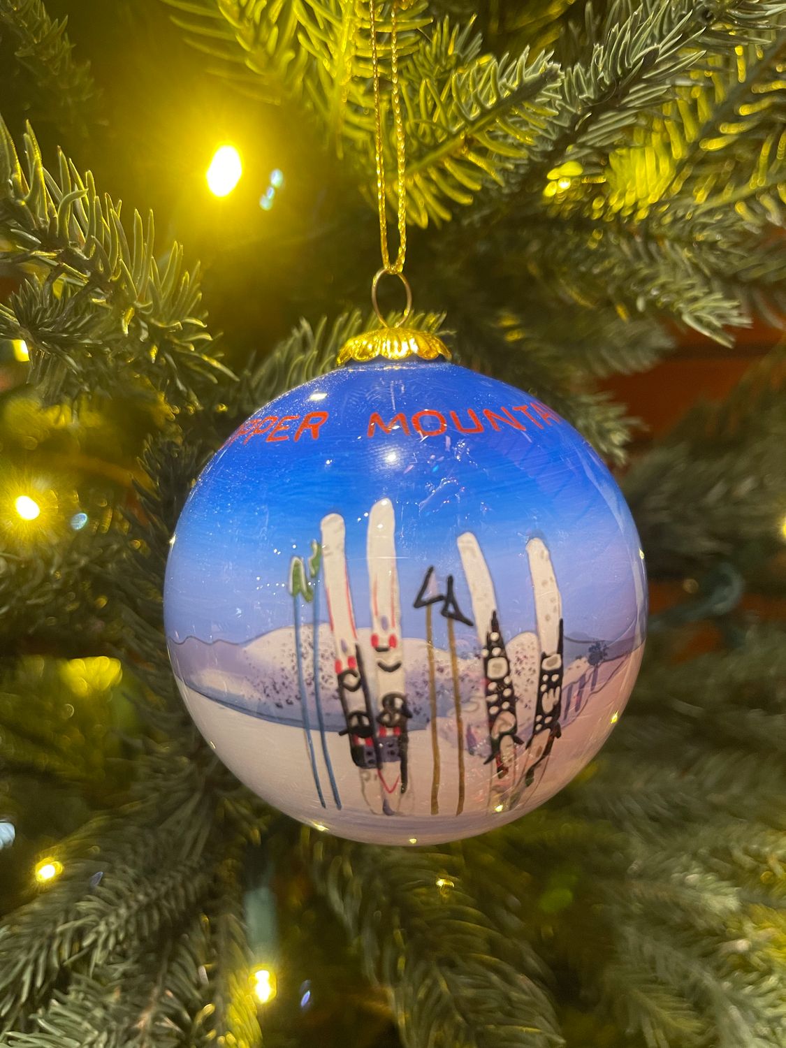Skis &amp; Poles in Snow Hand Painted Ball Ornament