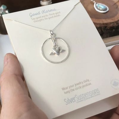 SILVER SUSPENSIONS Heart with Wings 18&#39;