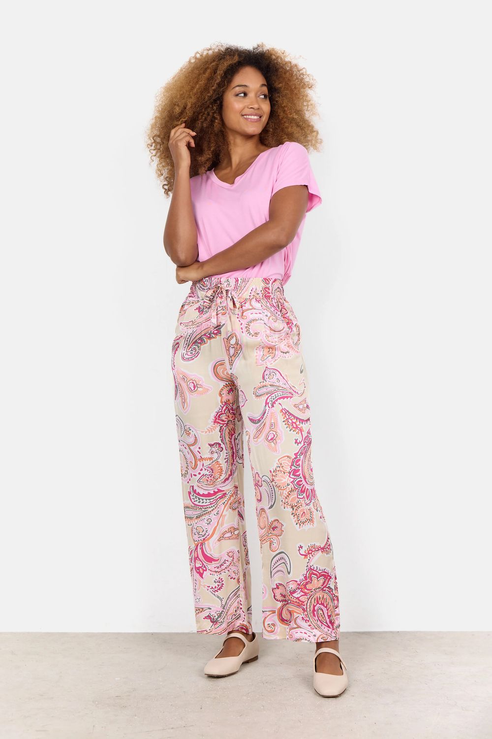 SOYA CONCEPT Satin Paisley Pants, Color: Pink, Size: M
