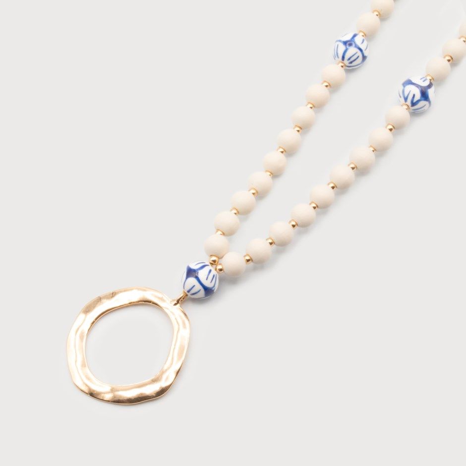 CARACOL Wood &amp; Ceramic Beaded Necklace, Color: White &amp; Gold