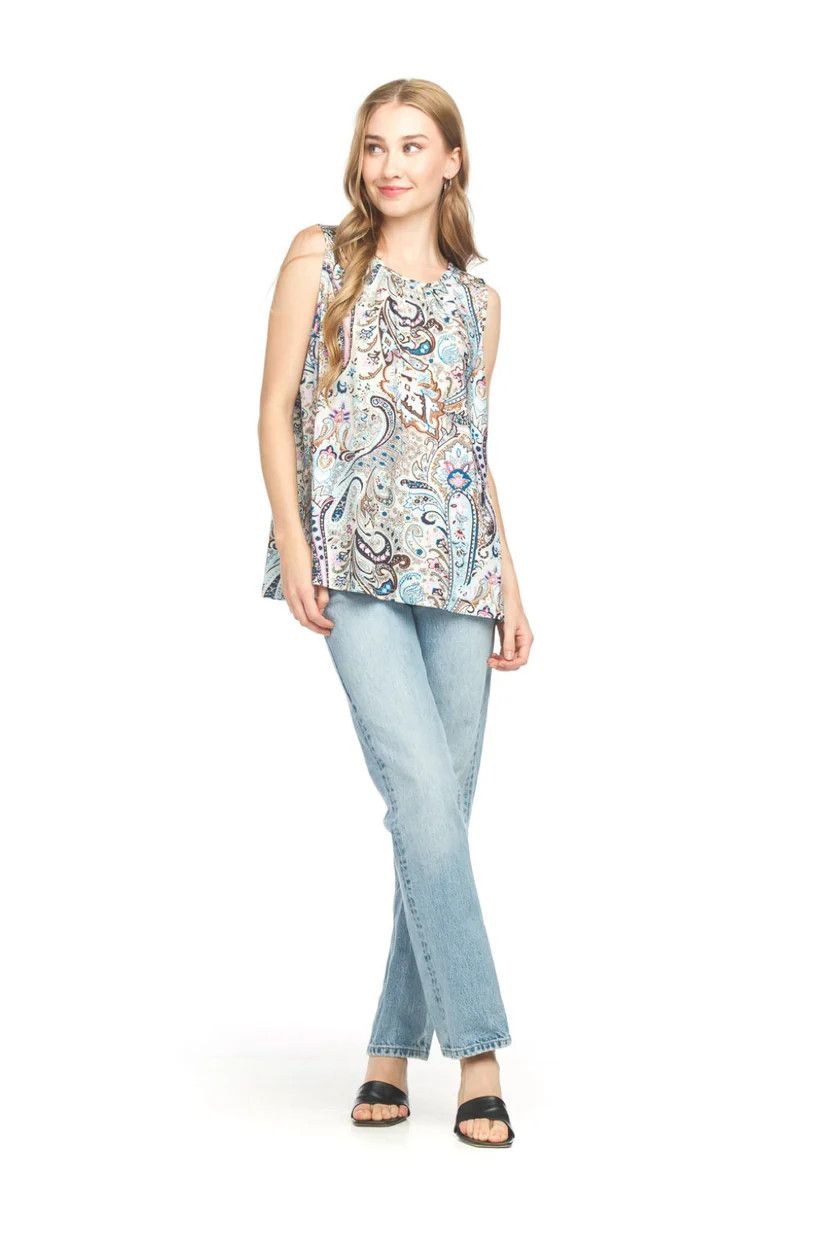 PAPILLON Pleated Paisley Stretch Top, Color: Blue, Size: XS