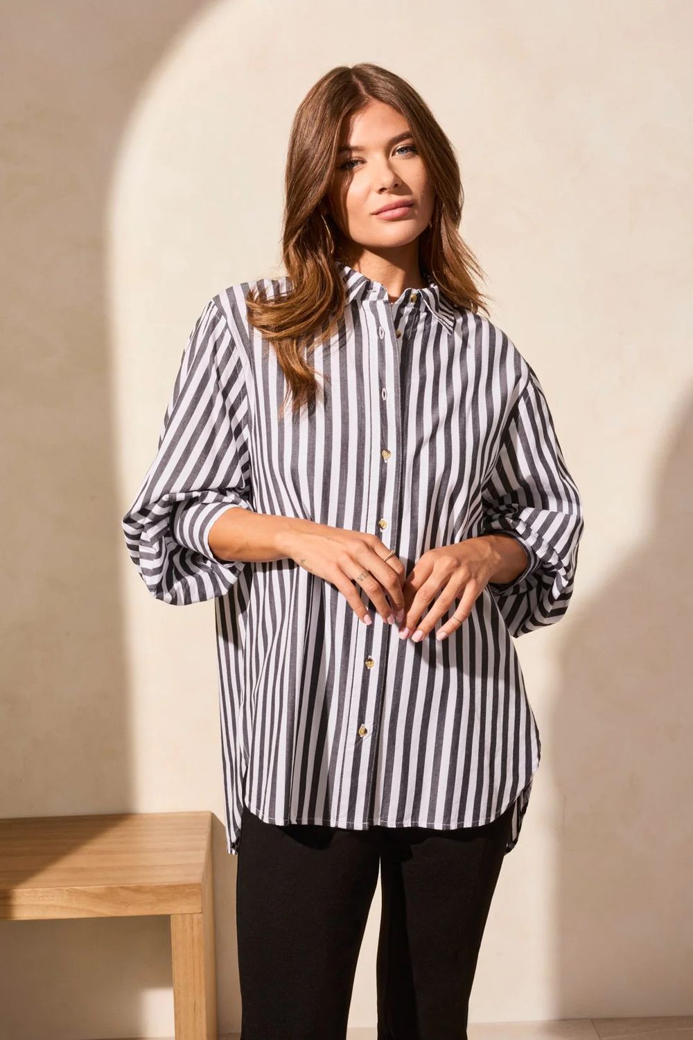 TRIBAL Long Sleeve Front Button Top, Color: White/Black Striped, Size: XS
