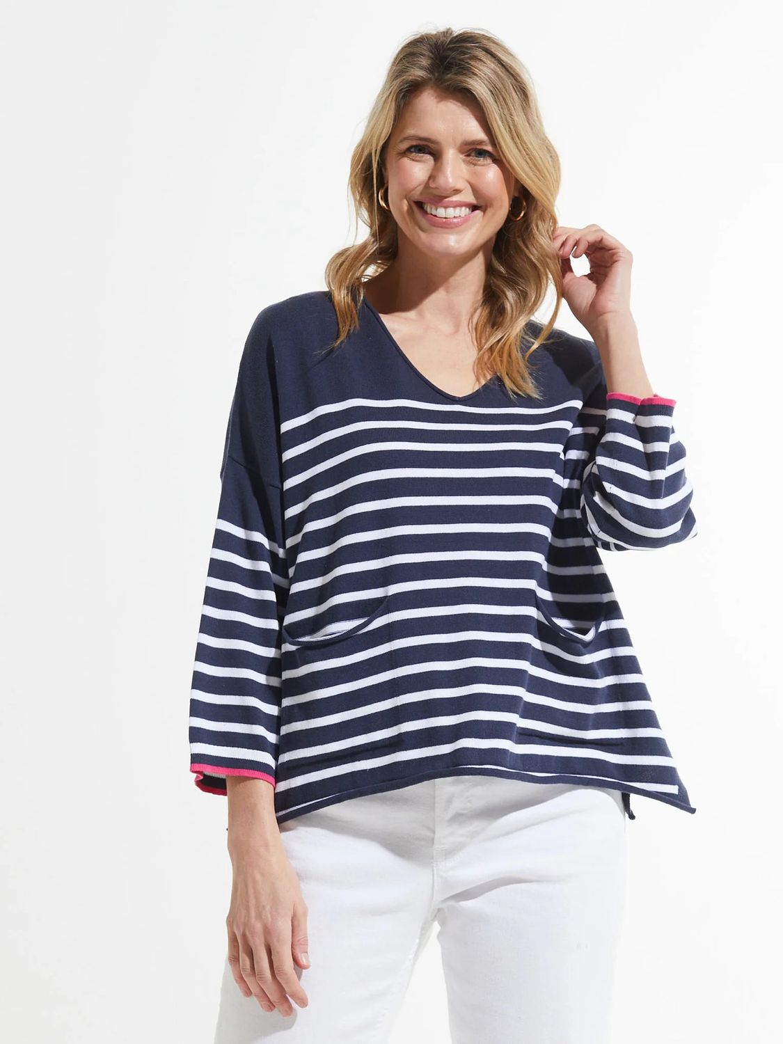 ZAKET &amp; PLOVER Striped V Neck Sweater, Color: Navy, Size: S