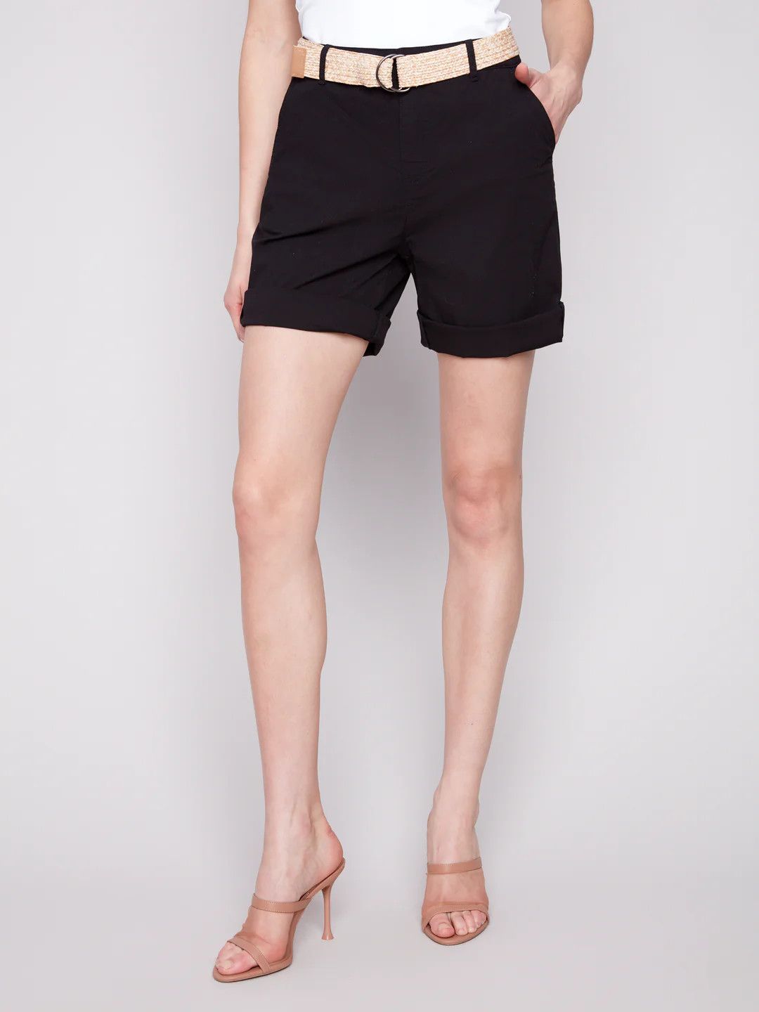CHARLIE B Roll Up Shorts w/ Belt, Color: Black, Size: 2