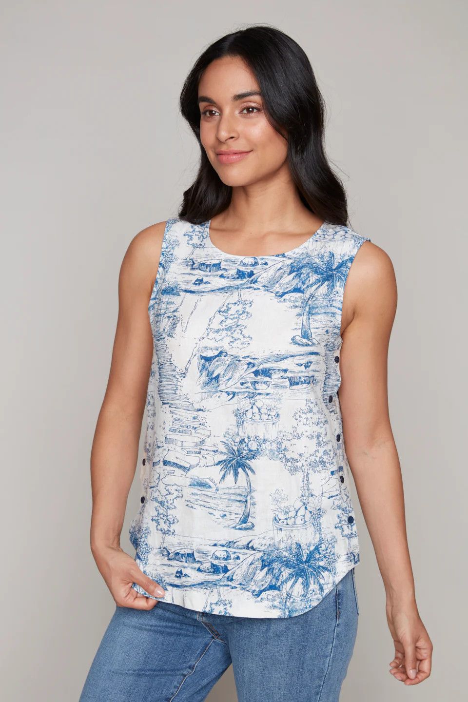 CARRE NOIR Tank w/ Side Buttons, Color: Blue, Size: XS