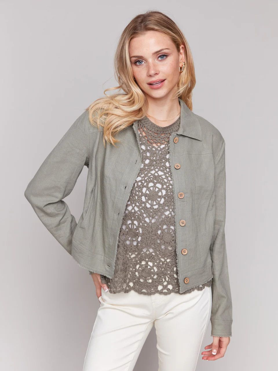 CHARLIE B Frayed Edge Linen Jacket, Size: XS, Color: Celadon