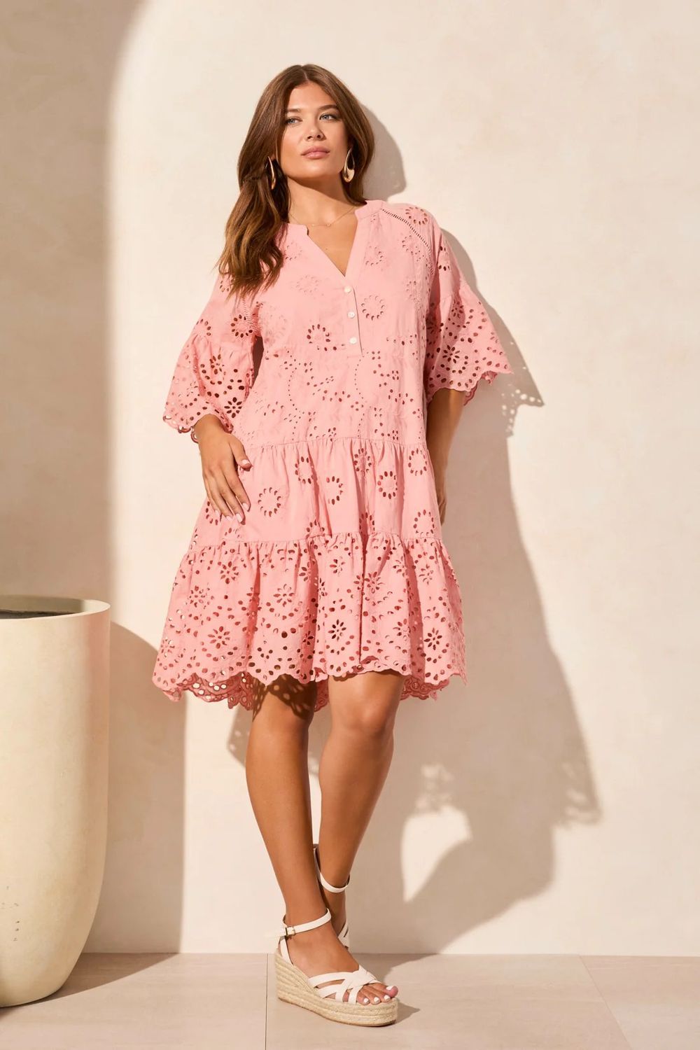 TRIBAL Mixed Pattern Eyelet Dress, Color: Shell Pink, Size: XS