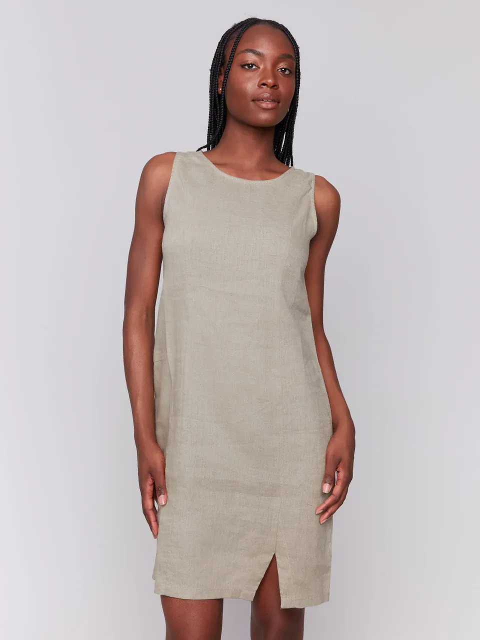 CHARLIE B Sleeveless Crew Neck Linen Blend Dress