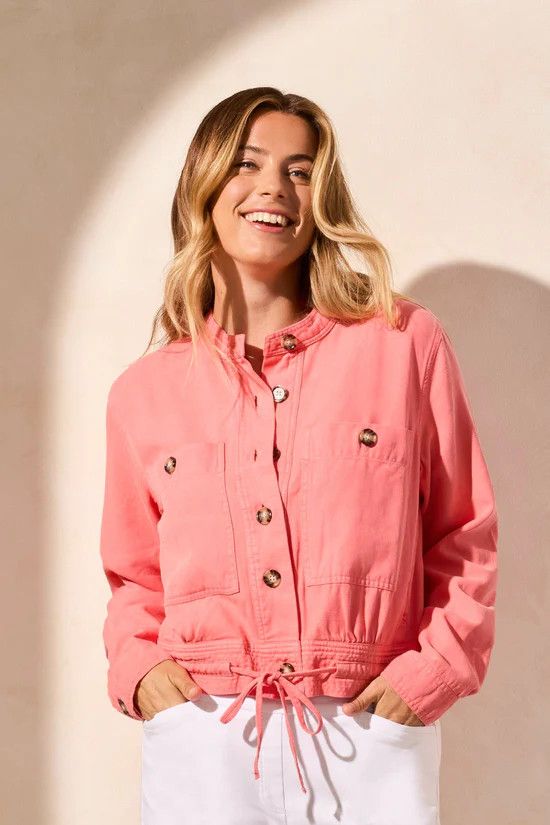 TRIBAL Button Front Jacket w/ Draw Cord, Color: Coral Sky, Size: XS