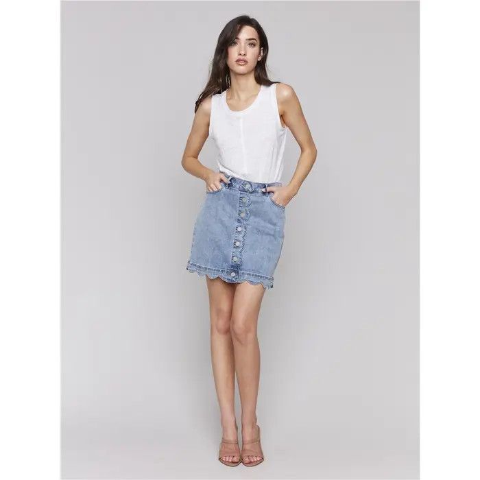 CHARLIE B Scalloped Hem Button-Front Denim Skort, Size: XS