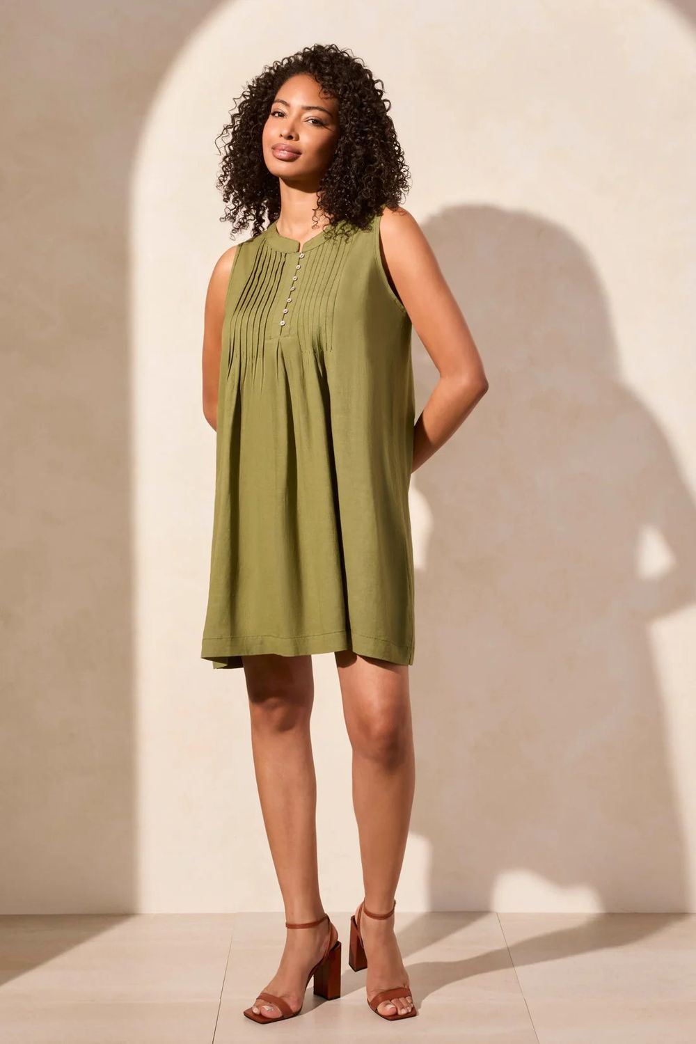 TRIBAL Sleeveless Dress w/Pleats, Color: Loden, Size: XS