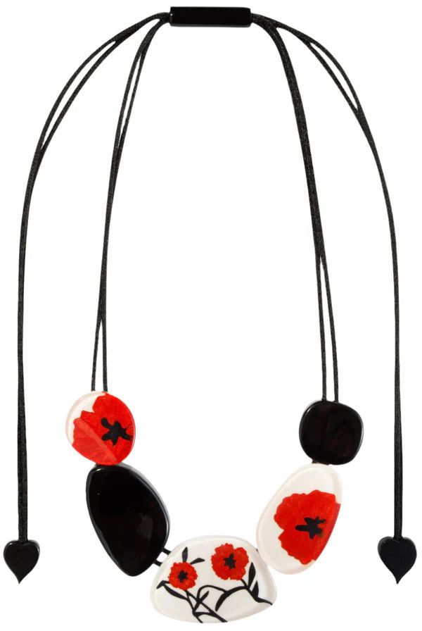 ZSISKA Resin Poppy Print &amp; Black Pendants On Cord, Size: Adjustable