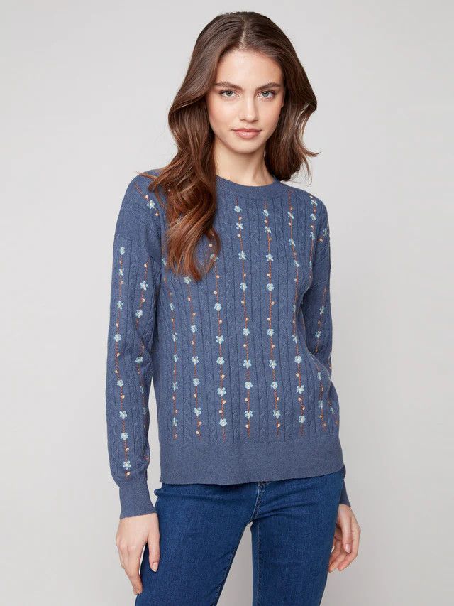 CHARLIE B Cable Sweater w/ Embroidery, Color: Tulip, Size: XS