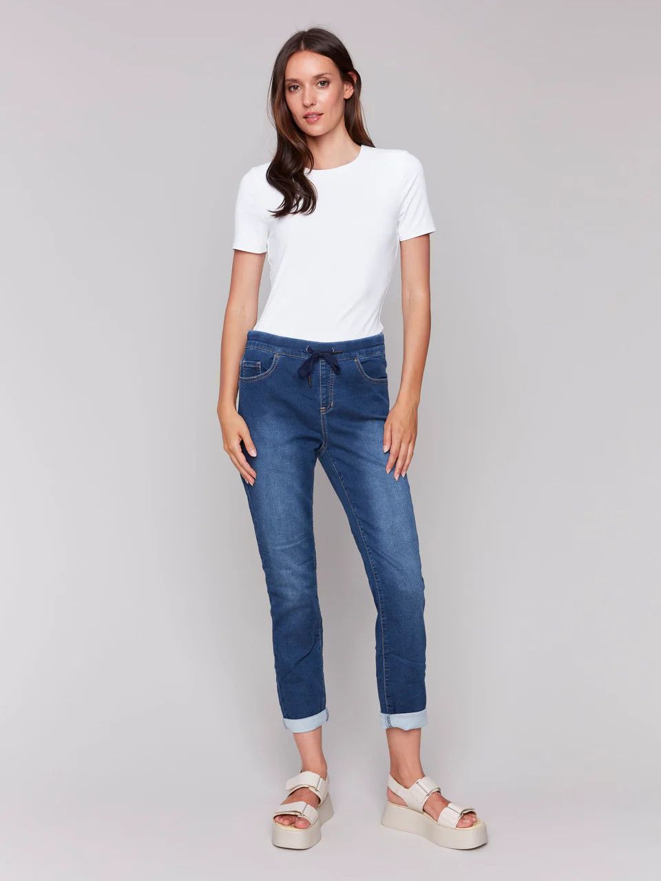 CHARLIE B Denim Jogger Pants w/ Tie, Color: Indigo, Size: XS